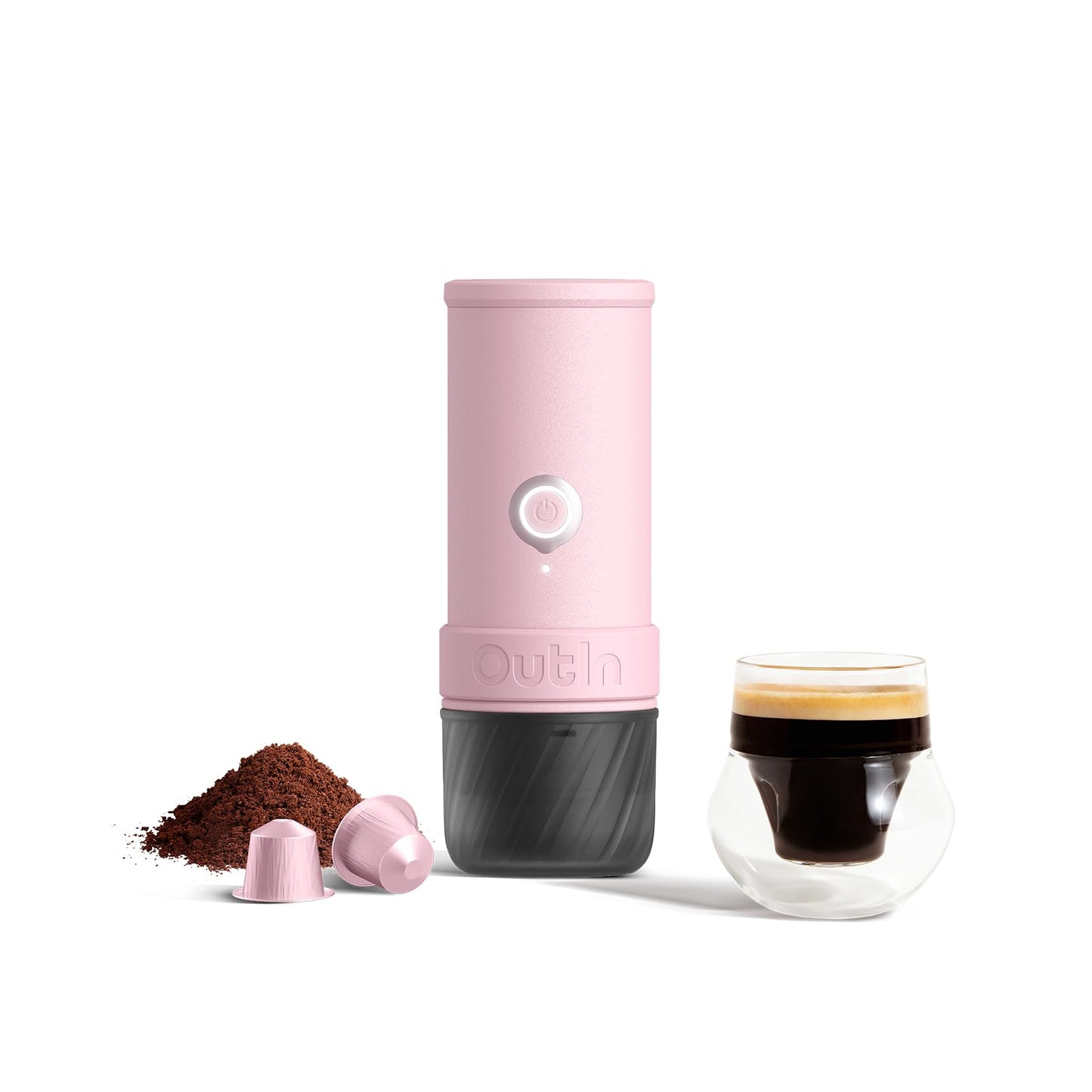 OutIn Mino Portable Electric Espresso Machine — Self-Heating, USB-C, Works with Ground Coffee & NS Capsules