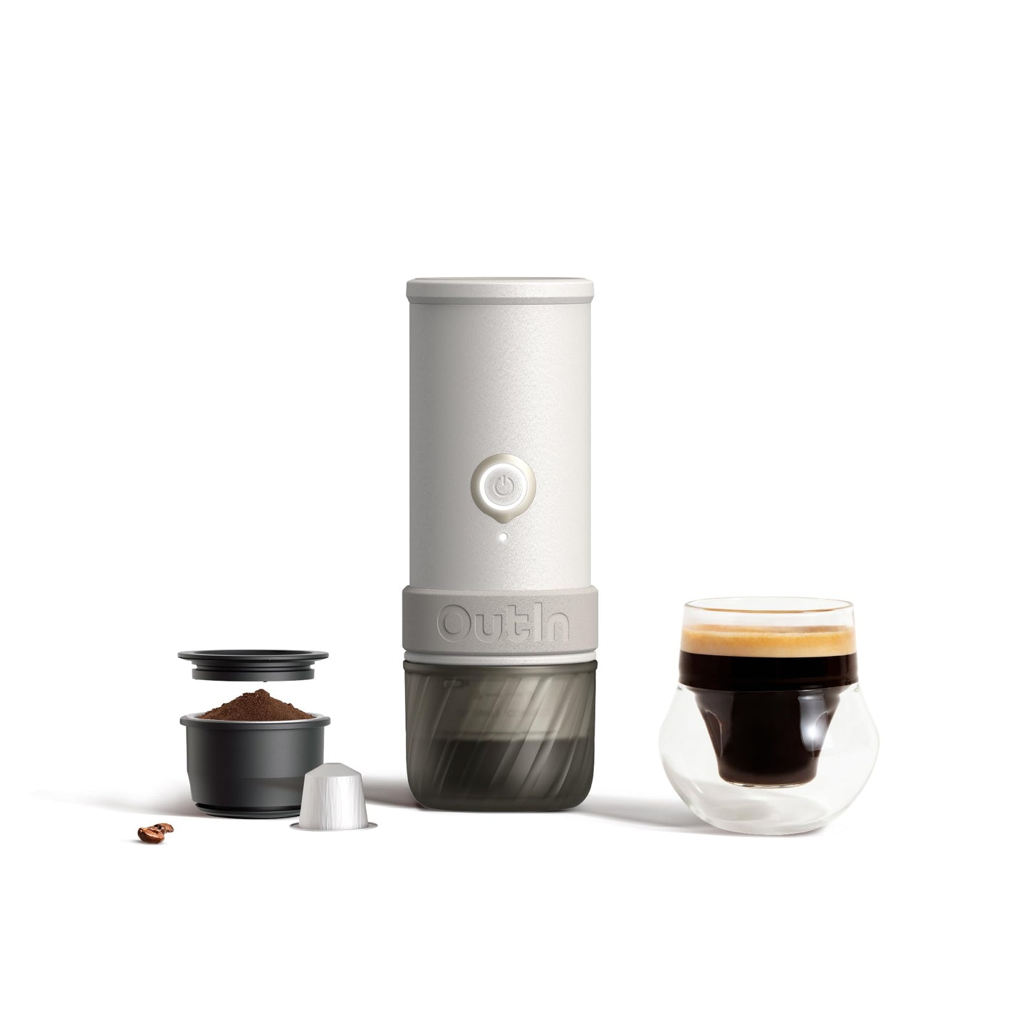 OutIn Mino Portable Electric Espresso Machine — Self-Heating, USB-C, Works with Ground Coffee & NS Capsules