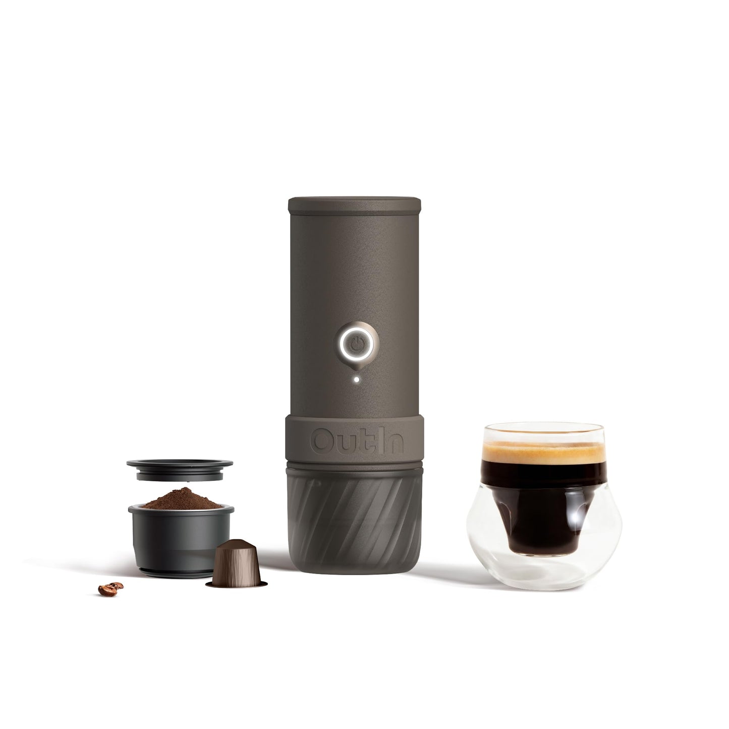 OutIn Mino Portable Electric Espresso Machine — Self-Heating, USB-C, Works with Ground Coffee & NS Capsules