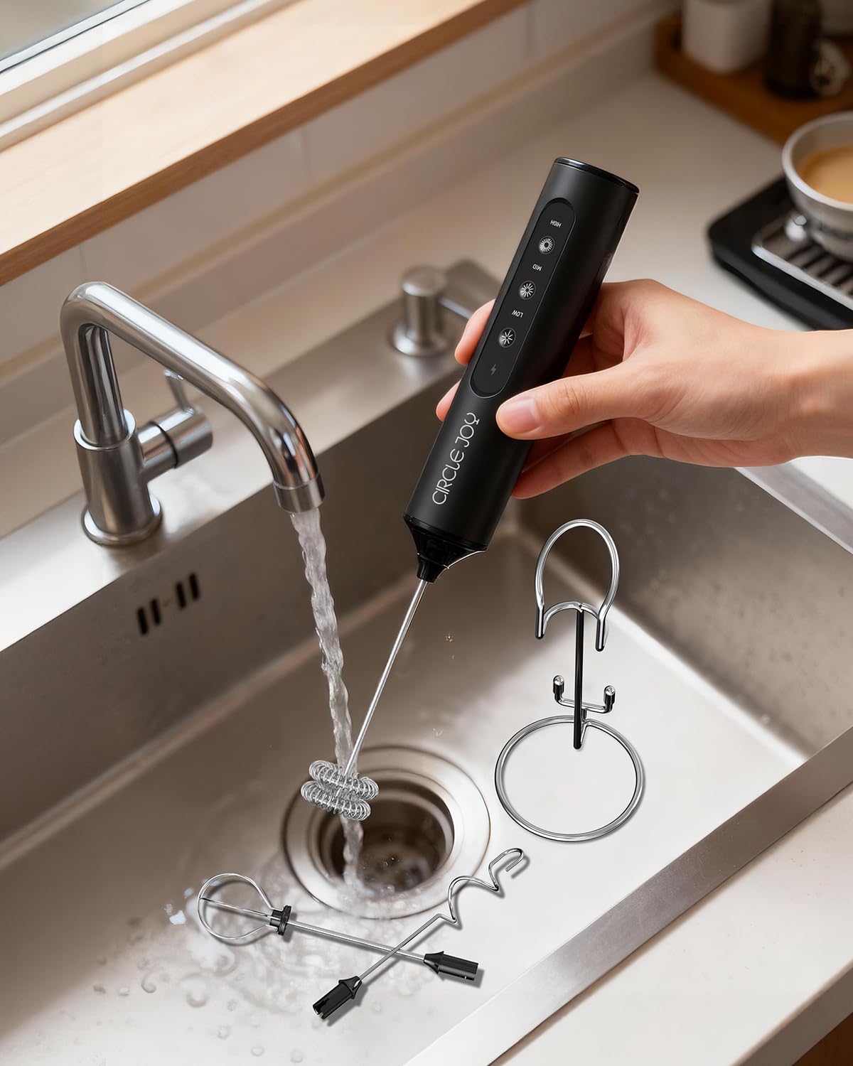 Circle Joy Electric Milk Frother — 3 Whisks, USB Rechargeable, Speed Control, Travel Case