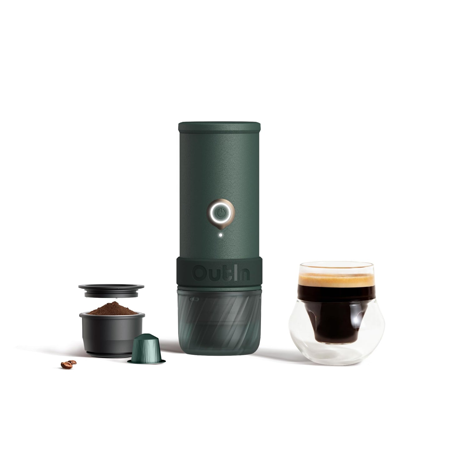 OutIn Mino Portable Electric Espresso Machine — Self-Heating, USB-C, Works with Ground Coffee & NS Capsules