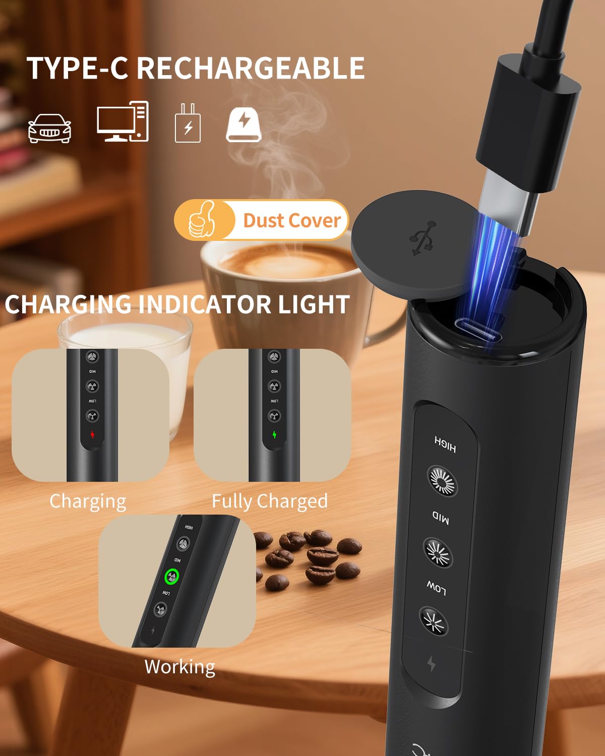 Circle Joy Electric Milk Frother — 3 Whisks, USB Rechargeable, Speed Control, Travel Case