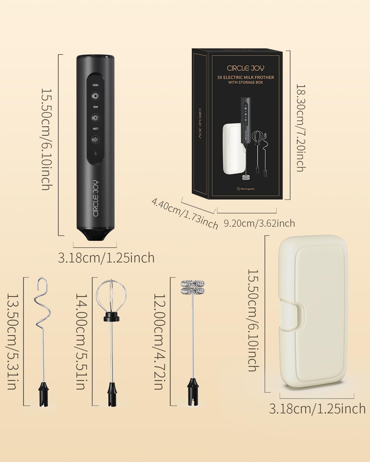 Circle Joy Electric Milk Frother — 3 Whisks, USB Rechargeable, Speed Control, Travel Case