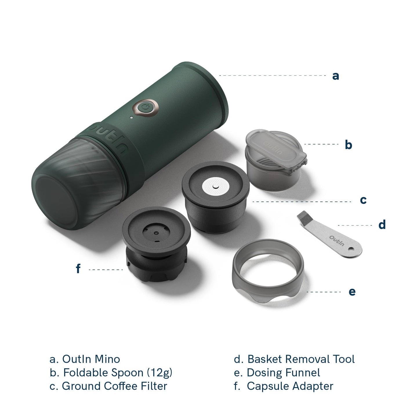 OutIn Mino Portable Electric Espresso Machine — Self-Heating, USB-C, Works with Ground Coffee & NS Capsules
