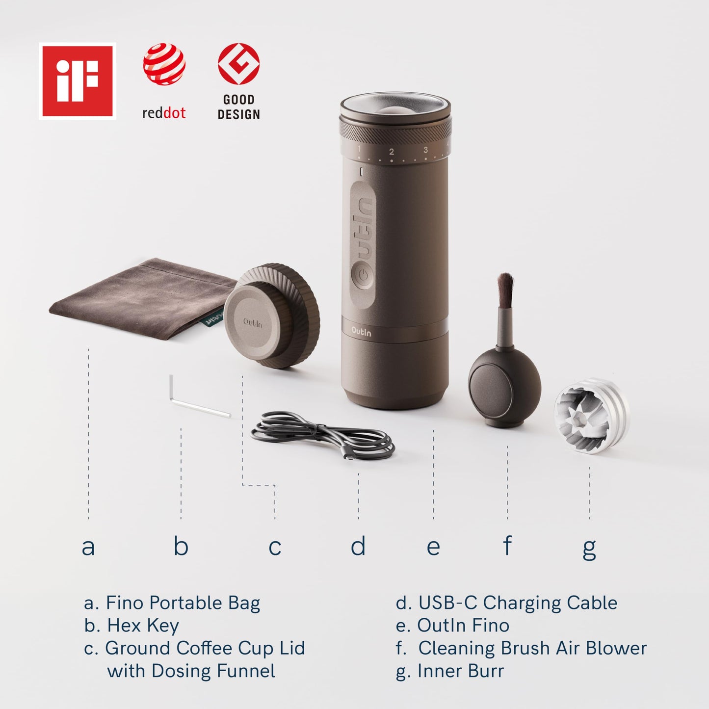 OutIn Fino Portable Electric Burr Coffee Grinder — 28 Grind Settings, Fast-Charge Battery