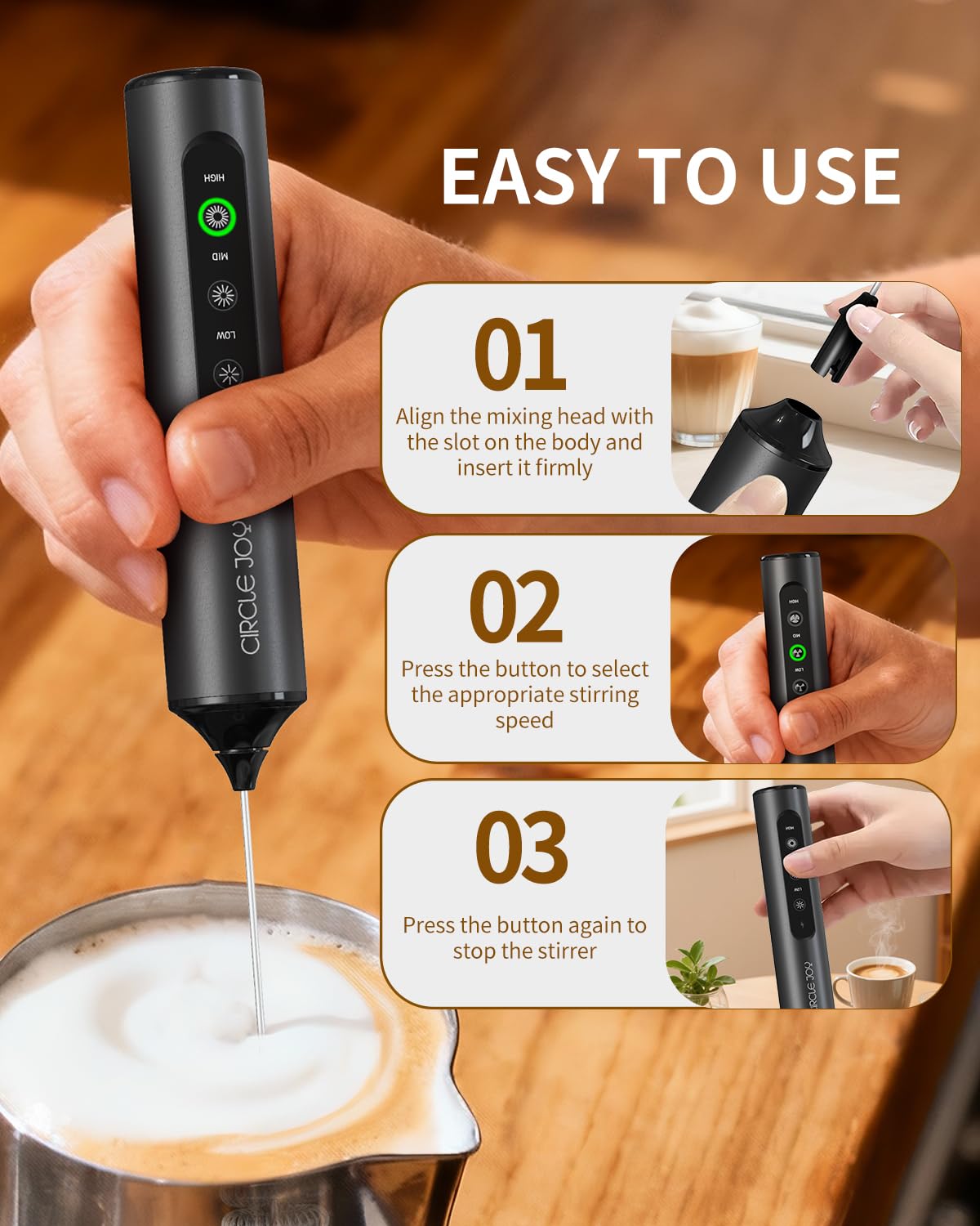 Circle Joy Electric Milk Frother — 3 Whisks, USB Rechargeable, Speed Control, Travel Case