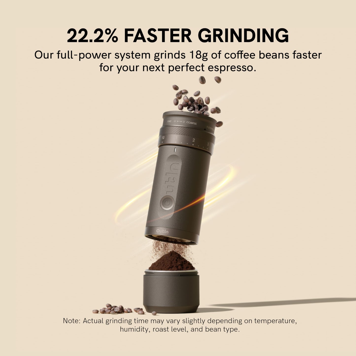 OutIn Fino Portable Electric Burr Coffee Grinder — 28 Grind Settings, Fast-Charge Battery