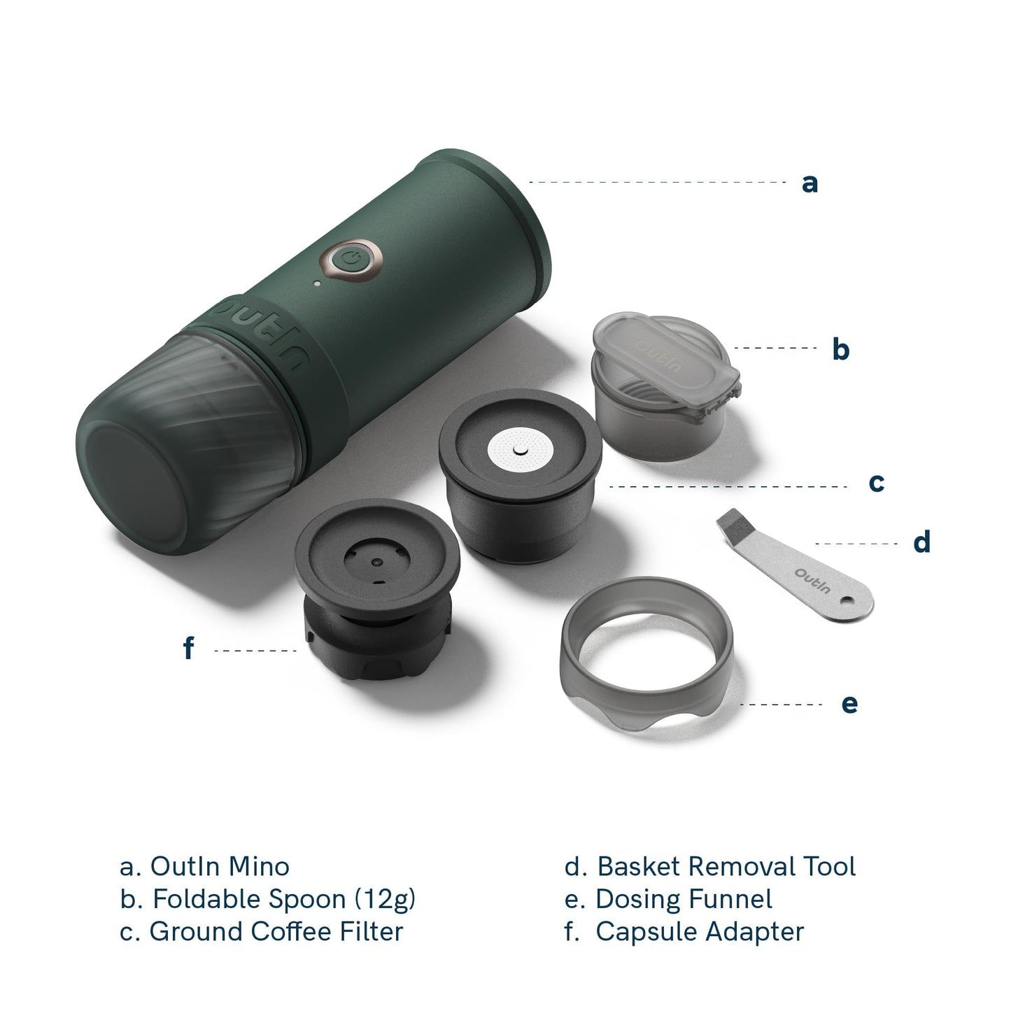 OutIn Mino Portable Electric Espresso Machine — Self-Heating, USB-C, Works with Ground Coffee & NS Capsules