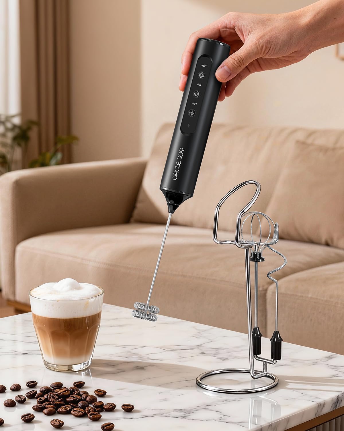 Circle Joy Electric Milk Frother — 3 Whisks, USB Rechargeable, Speed Control, Travel Case