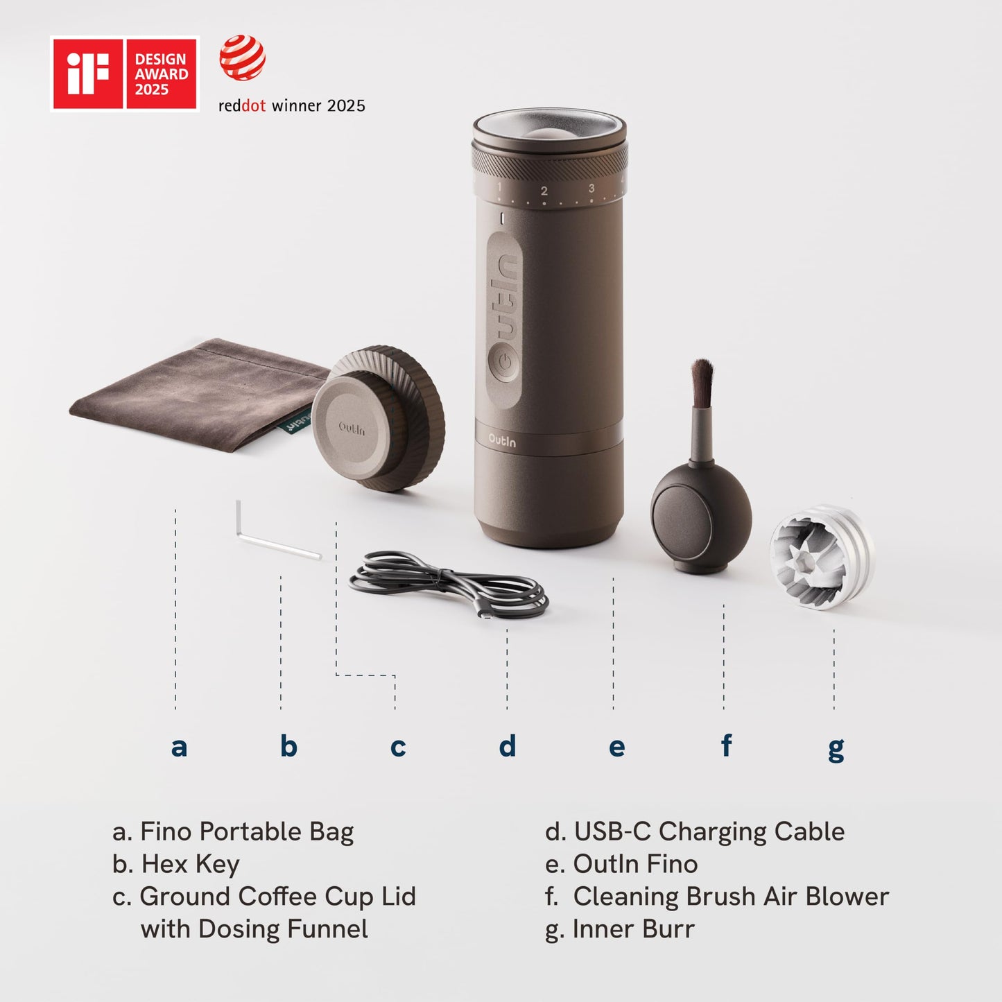OutIn Fino Portable Electric Burr Coffee Grinder — 28 Grind Settings, Fast-Charge Battery