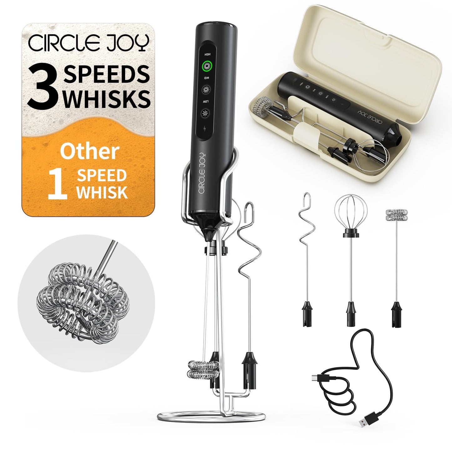 Circle Joy Electric Milk Frother — 3 Whisks, USB Rechargeable, Speed Control, Travel Case