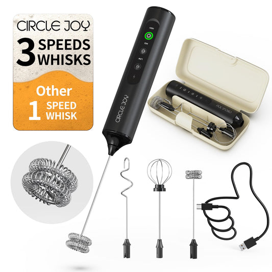 Circle Joy Electric Milk Frother — 3 Whisks, USB Rechargeable, Speed Control, Travel Case