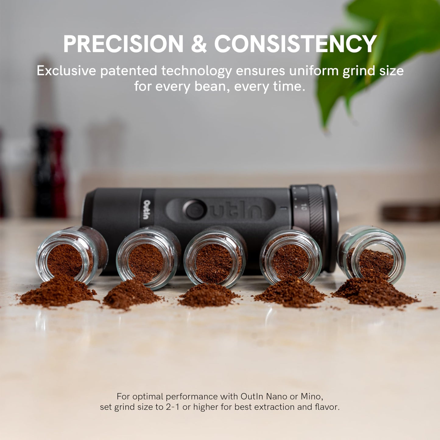OutIn Fino Portable Electric Burr Coffee Grinder — 28 Grind Settings, Fast-Charge Battery
